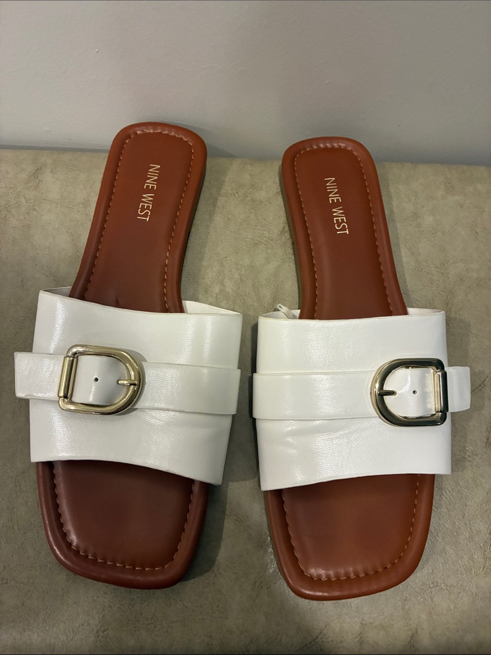 Nine West White Slide Sandals with Gold Buckles